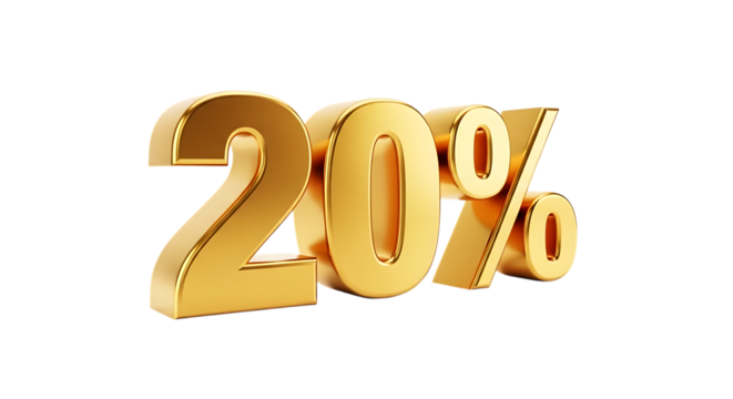 Golden 20 percent symbol with metallic sheen, isolated on white or transparent background. PNG