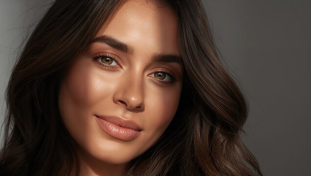Retrato en primer plano de una mujer hermosa con piel brillante y natural, mostrando textura y poros para campa&ntilde;as de cuidado de la piel y dermatolog&iacute;a