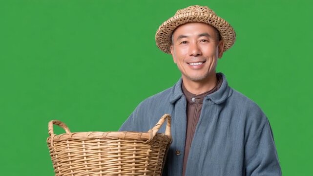 Portrait of a smiling farmer with a woven basket: A cheerful farmer, adorned in a straw hat and work attire, poses with a woven basket.