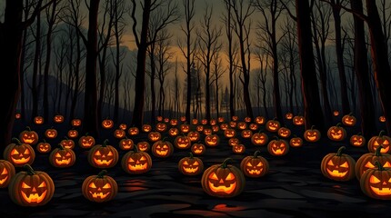 Enchanted Pumpkin Patch in a Spooky Bare Tree Forest