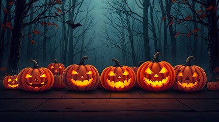 Enchanted Pumpkin Patch in a Spooky Bare Tree Forest