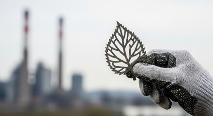 A hand in a glove holds a metal leaf against the backdrop of a factory, symbolizing the balance between industry and nature