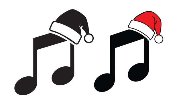 Caroler music note silhouette wearing tiny santa hat, playful black holiday audio symbol for christmas songs, choir posters, and festive branding