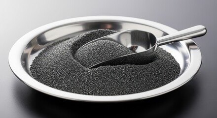 A scoop rests in a bowl filled with black granular material, showcasing a sample of industrial carbon for analysis and application