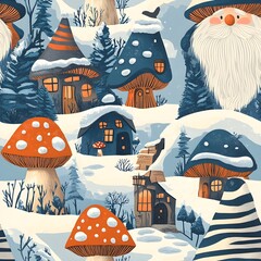 Whimsical winter forest with mushroom houses and a friendly gnome. Snowy hills, pine trees, glowing windows create a cozy fairytale scene ideal for seamless pattern, wrapping, wallpaper, kids themes.