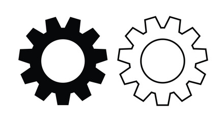 Solid and outline gear (cogwheel) icons side by side on a white background. This vector symbol represents settings, maintenance, mechanical system, process, configuration, engineering, technical tools
