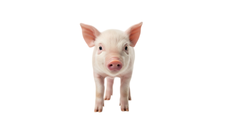Cute pink piglet standing facing forward with curious eyes, isolated on white or transparent background. PNG