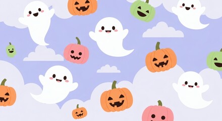 Happy Halloween background with friendly ghosts and smiling pumpkins, a perfect Halloween design