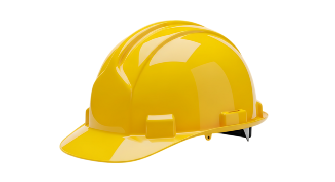 Bright yellow hard hat safety helmet with ribbed crown, isolated on white or transparent background. PNG