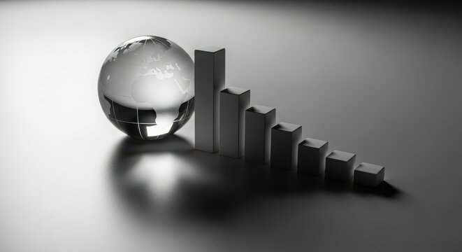 Crystal globe reflecting a declining bar graph, symbolizing economic downturn and global financial crisis in monochrome
