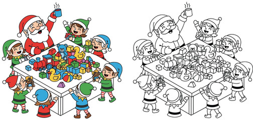 Fototapeta premium Happy Santa and Elves Building Toys: A Festive Christmas Workshop Scene