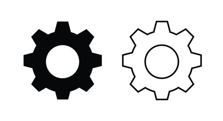 Solid and outline gear (cogwheel) icons side by side on a white background. This vector symbol represents settings, maintenance, mechanical system, process, configuration, engineering, technical tools