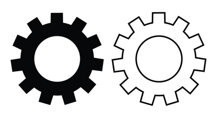Solid and outline gear (cogwheel) icons side by side on a white background. This vector symbol represents settings, maintenance, mechanical system, process, configuration, engineering, technical tools