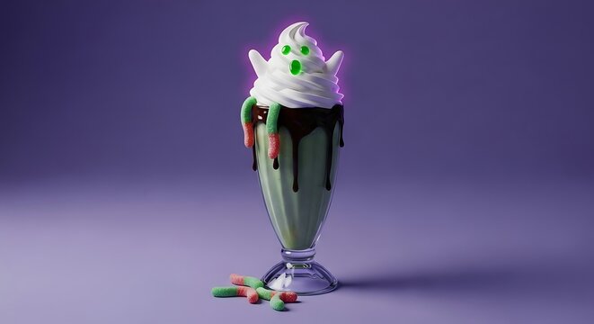 Spooky halloween milkshake with ghost shaped whipped cream and gummy worms on a purple background