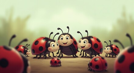 Fototapeta premium Charming Illustrated Ladybug Family with a Soft Focus Effect