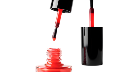 Red Nail Polish Brush Dripping Above Open Bottle Isolated
