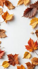 Fototapeta premium Top-down autumn leaves on white background with space for text or design.