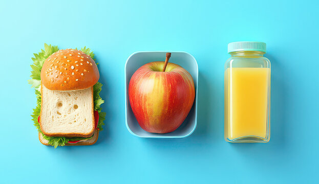 School lunch with sandwich, apple and juice isolated on blue background