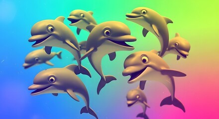 Playful 3D dolphins swimming in a vibrant, gradient underwater dreamscape