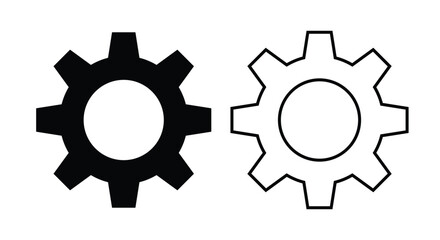 Solid and outline gear (cogwheel) icons side by side on a white background. This vector symbol represents settings, maintenance, mechanical system, process, configuration, engineering, technical tools