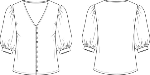 Women’s puff-sleeve blouse technical flat sketch, front and back view, deep V-neckline, button-down front, fitted cuffs, fashion design vector template