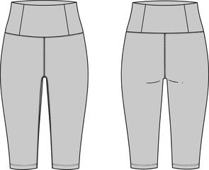 Women’s high-waisted cropped leggings technical flat sketch, front and back view, wide waistband, contour lines, fashion design vector illustration