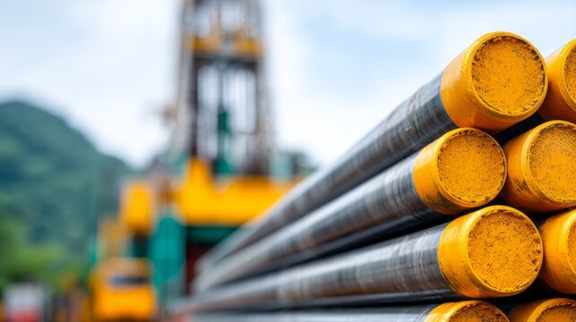 A medium shot captures a well corridor showcasing long pipes stacked neatly. In the background, drilling equipment stands ready against a vibrant mountain backdrop under a clear sky