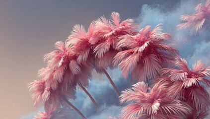 Surreal digital artwork depicting a semi-circle of stylized, pale pink palm trees emerging from a hazy, light-blue smoke or cloud against a soft, pastel sunset sky
