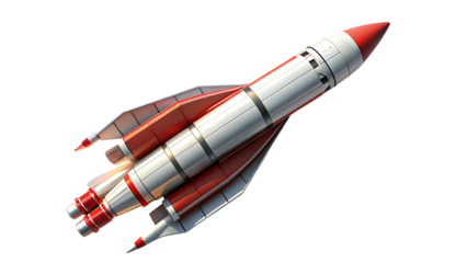 Rocket ship, retro-futuristic with red and white accents, cutout, PNG, isolated on white or transparent background, AI