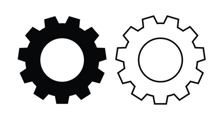 Solid and outline gear (cogwheel) icons side by side on a white background. This vector symbol represents settings, maintenance, mechanical system, process, configuration, engineering, technical tools