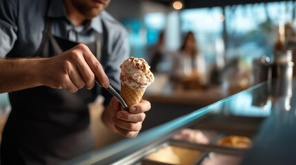 Pastry shop worker's hands in black apron scooping artisan ice cream into cone display case with flavors visible customers and shop interior defocused behind handmade dessert