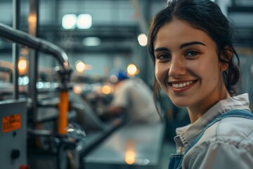 Young woman smiling in a factory environment