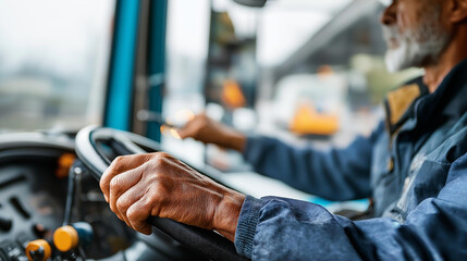 Obraz premium Senior tow truck operator's weathered hands on steering wheel towing controls visible disabled vehicle being towed defocused in mirrors roadside assistance service vehicle