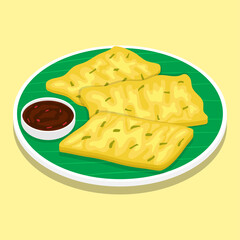 Vector illustration of Indonesian food tempe mendoan or a traditional Indonesian snack made from lightly fried tempeh in a seasoned batter