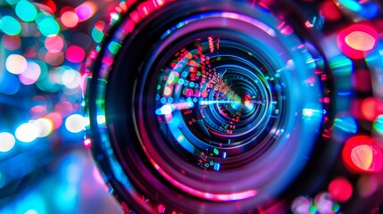 Close up of a dslr lens reflecting colorful lights, capturing photography and creativity in detail
