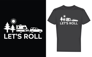 Road trip adventure with a 5th wheel camper rv designed in a bold graphic silhouette style for travel enthusiasts and outdoor lovers