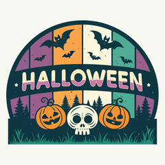 Halloween vector art of an eerie halloween scene with a large, menacing pumpkin in the foreground, surrounded by bats flying against a full moon, creating a spooky and festive atmosphere