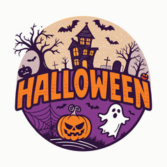 Halloween vector art of an eerie halloween scene with a large, menacing pumpkin in the foreground, surrounded by bats flying against a full moon, creating a spooky and festive atmosphere