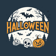 Halloween vector art of an eerie halloween scene with a large, menacing pumpkin in the foreground, surrounded by bats flying against a full moon, creating a spooky and festive atmosphere