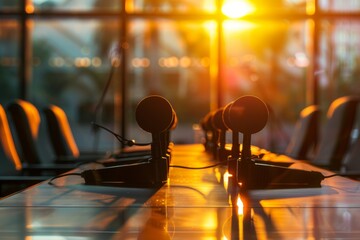 Microphones on a conference table during sunset