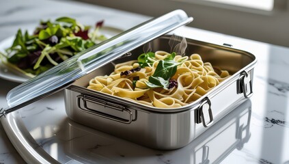 Stainless steel lunch box with pasta and salad on marble table top