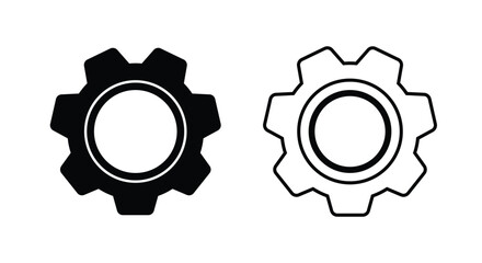 Solid and outline gear (cogwheel) icons side by side on a white background. This vector symbol represents settings, maintenance, mechanical system, process, configuration, engineering, technical tools