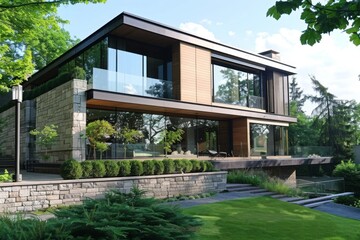 Modern house with large windows surrounded by greenery