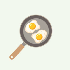 A simple vector illustration of two sunny-side-up fried eggs sizzling in a frying pan, a classic breakfast dish shown from a top-down view