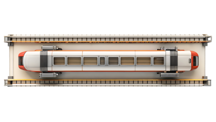 Passenger train, modern white and orange on light platform with yellow tracks, cutout, PNG, isolated on white or transparent background, AI