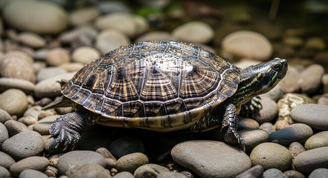 Intricate shell patterns of a freshwater turtle on wet river stones wildlife nature reptile tortoise terrapin aquatic slow animal environment detailed textured droplets
