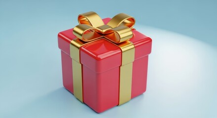 Fototapeta premium A festive red gift box with a golden ribbon bow on a light blue background