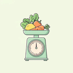 Colorful Vector Illustration of Fresh Fruits and Vegetables on a Kitchen Scale, Symbolizing Healthy Eating, Balanced Diet, and Nutritional Awareness