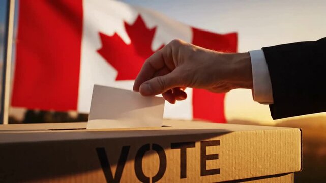 Vote in Canada: A hand placing ballot in box with Canadian flag backdrop for democracy's future