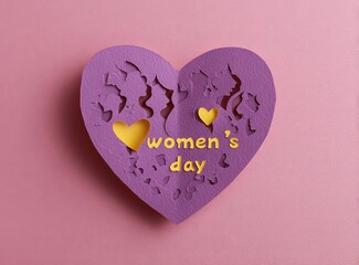 a purple heart-shaped paper cut-out with women's silhouettes and the text "women's day" in yellow, set against a pink background